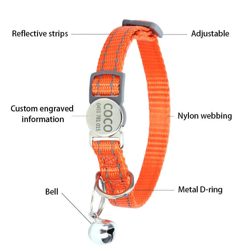 Personalised Cat Collar Nylon Custom Name / Number Bell Safe Buckle Reflective - image 2 of 4