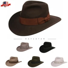 Premium Wool Felt Indiana Jones Fedora Hat w/Grosgrain Band Crushable Outback