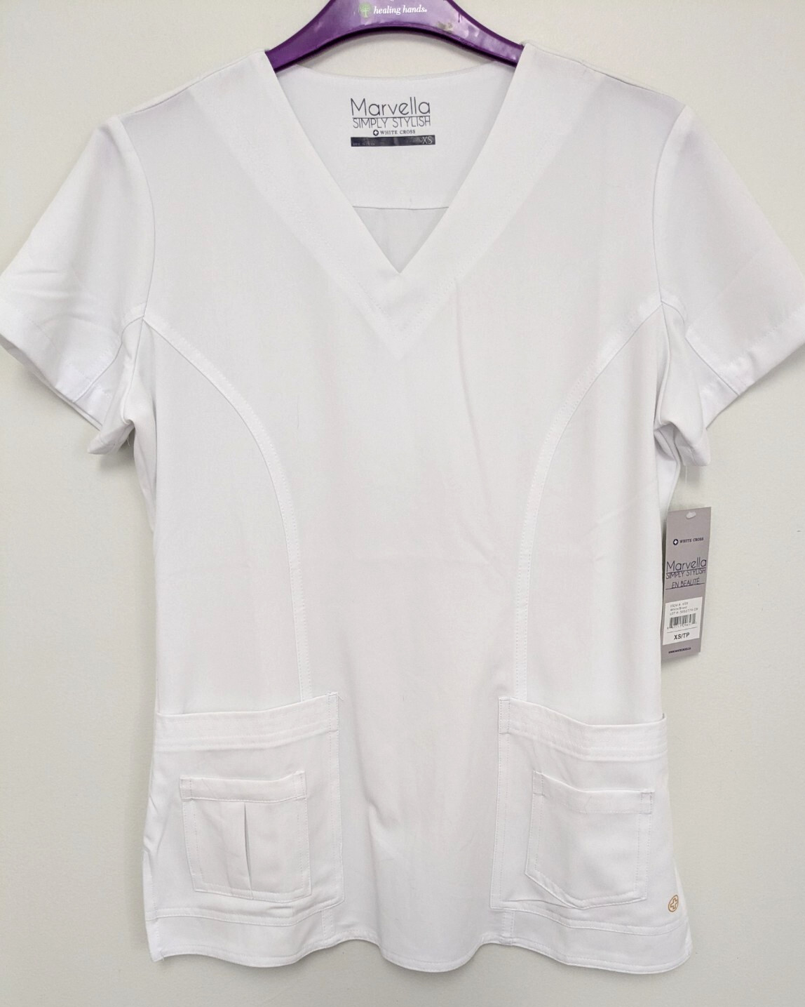 White Cross Marvella Scrub Top, Sz. XS, Color ~ White "Lovely" Nice Stretch~ NWT