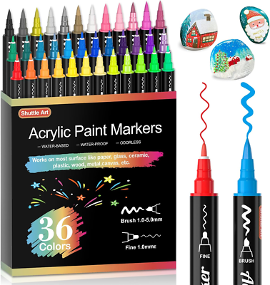 12 Colors Dual Tip Acrylic Paint Pens - Brush & Round Tip Markers For Rock Painting & Crafts