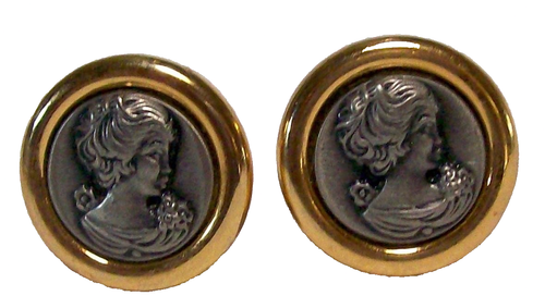 Vintage PEWTER CAMEO CLIP ON EARRINGS-Signed AGIL-Goldtone