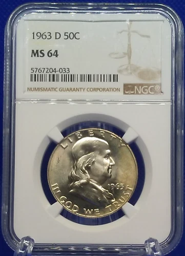 1963-D  50C FRANKLIN SILVER HALF DOLLAR  DENVER MINT  NGC MS64