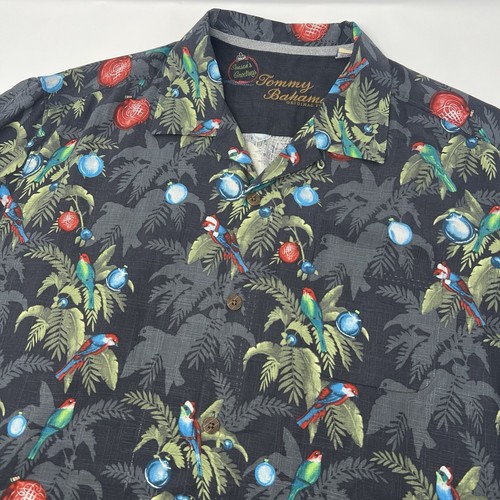 Tommy Bahama Silk Shirt Mens Large Black Floral Parrot Holiday Seasons Greetings - Picture 1 of 7