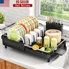 Expandable Dish Drying Rack W/ Utensil Holder Anti Rust Space Saver Kitchen Tool