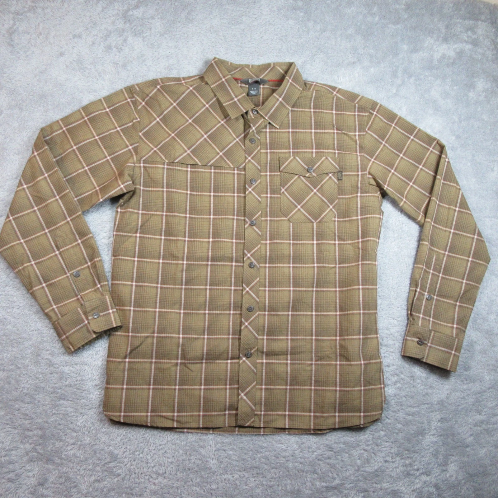 Outdoor Research Tangent Shirt Mens Large Brown Plaid Flannel Outdoors Gorp Hike