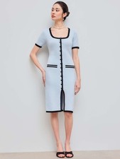 Cider ribbed Square Neck Contrasting Binding Button Midi Dress Size S ( UK 8-10)