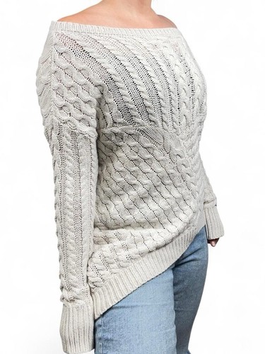 Express Cable Knit Oversized Long Asymmetrical Off Shoulder Sweater Sz M - Picture 4 of 8