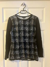 Leo Guy Black White Patterned Long Sleeve Top UK 12 Size 3 Smart Casual Work 