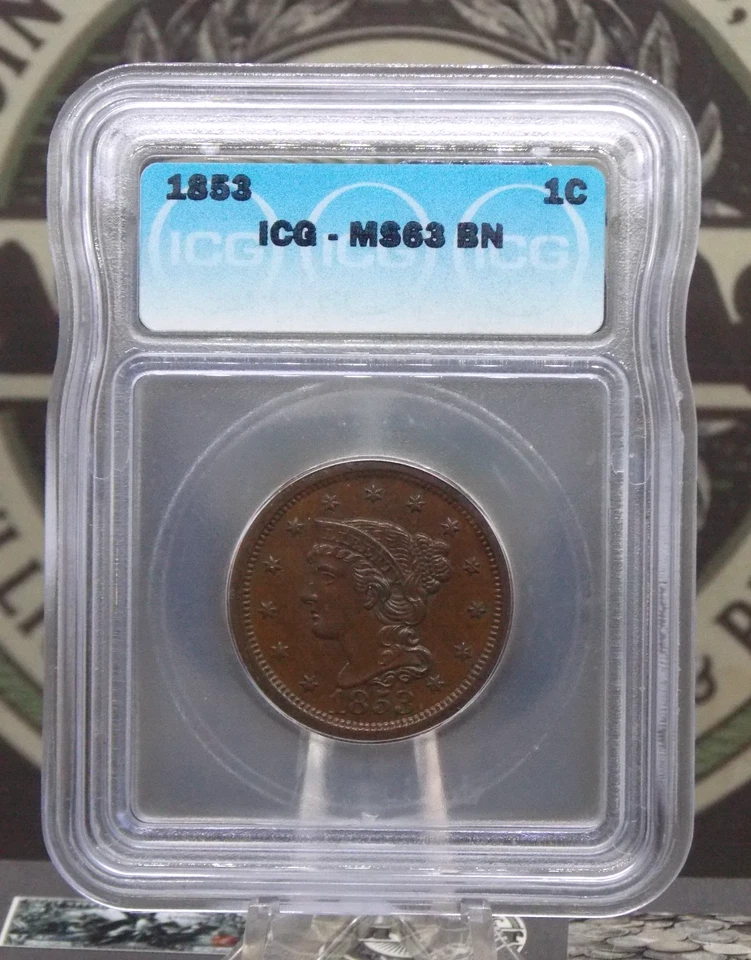 1853 Braided Hair Large Cent 1c ICG MS63 BN #401 Unc BU Uncirculated ECC&C, Inc. - Image 3 of 4