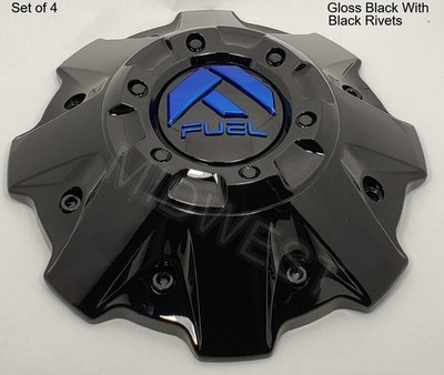 4 New Fuel 1001-63GBK D646 Gloss Black Blue 5/6 Lug Wheel Rim Center Caps
