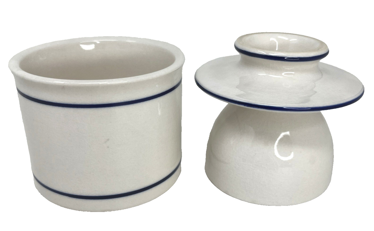 French Country White Blue Butter Bell Keeper Crock Stoneware Pottery Vintage