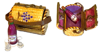LIMOGES Peint Main Trinket Box ROUND *WINE* PICNIC BASKET w/ Bottle & 2 Glasses