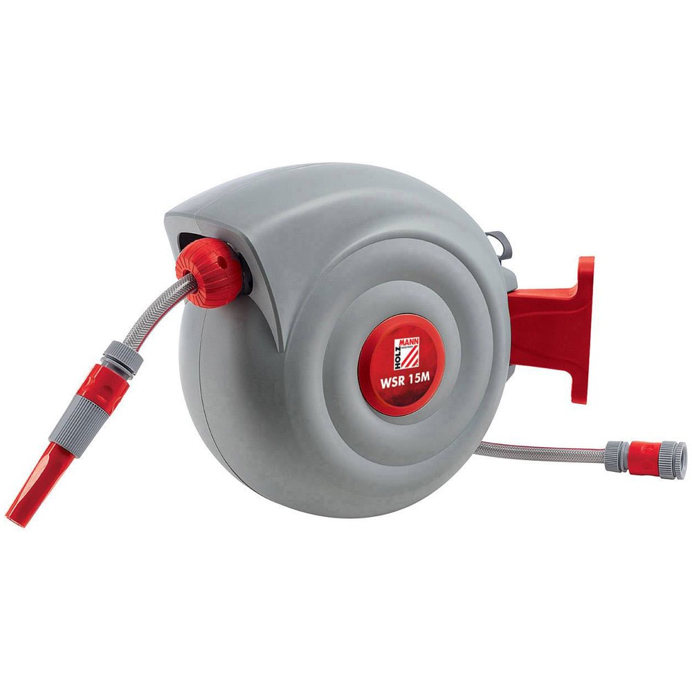 Holzmann Garden Hose Reel 15m Grey/Red, Auto Roll-Up, Rotating Holder