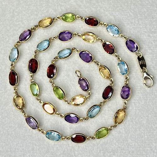 18ct Gold Harlequin Multi Gemstone Bezel Set Peridot Amethyst Citrine Necklace - Picture 3 of 20