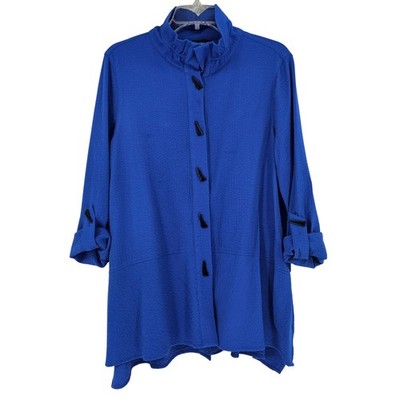 Ali Miles Crepe Knit Button Up Tunic Top M Cobalt Wire Collar Artsy Lagenlook