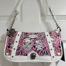 NEW Ed Hardy Pink White Leopard Skull Tattoo Crossbody Shoulder Bag Y2K NWT