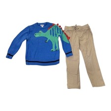 Cat  Jack 2pc Outfit Kids 4T Dinosaur Knit Sweater Tan Khaki Chino Pants Blue
