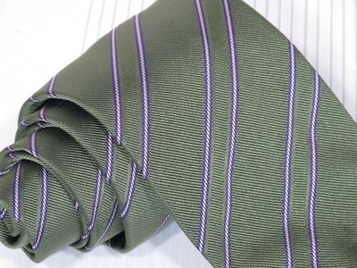 Battistoni Woven Silk Tie Green Purple White Striped Hand Made Italy 58 x 3 1/2