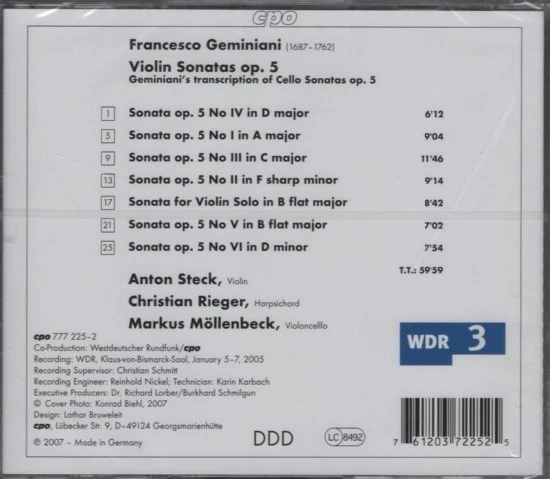 Geminiani: Violin Sonatas op. 5 - Anton Steck - CPO - neu/OVP - Bild 2 von 2