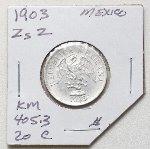 1903 Zs Z Mexico Silver 20 Centavos Coin