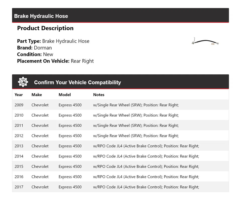For 2009-2017 Chevrolet Express 4500 Dorman Brake Hydraulic Hose Rear Right 2010 - Image 2 of 4