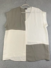 Theory Talda Colorblock Cream Taupe Top Blouse Womens Size Large 100% Silk EXC