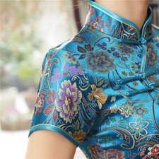 Women Lady Qipao Dress Faux Silk Chinese Traditional Cheongsam Satin Retro