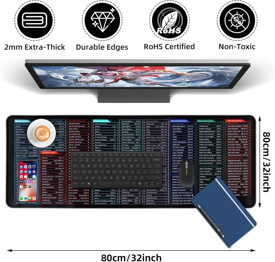 Quick Key Keyboard Mouse Pad - Large Non-Slip Desk Mat with Office Shortcuts - Image 3 of 4