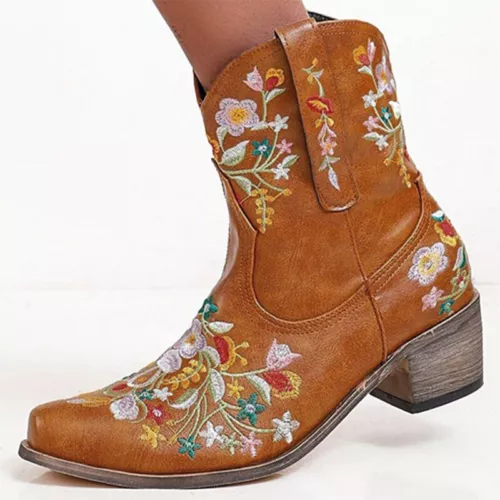 Womens Cowboy Boots Cowgirl Western Low Block Mid Calf Embroidery Riding Boots - Picture 1 of 24