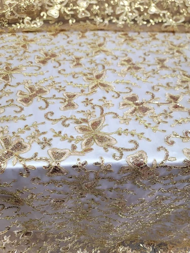 Gold Butterfly Design Lace Embroidered Sequins Fabric Sold By The Yard Prom image 9