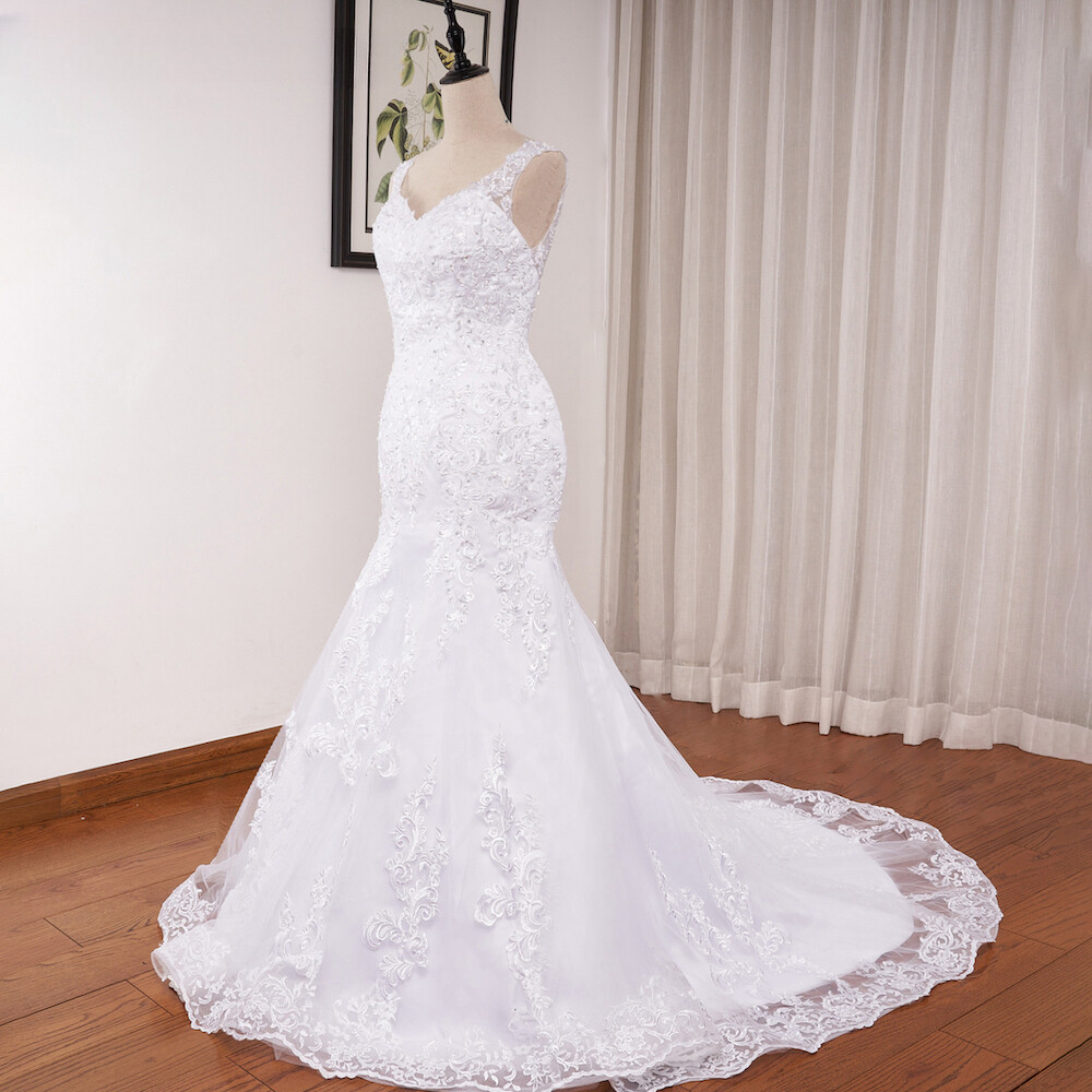 mermaid fit and flare wedding dresses Long-Sleeve Lace Fit-and-Flare Mermaid Wedding Dress with Illusion Bac –  Think Bridal main image 1