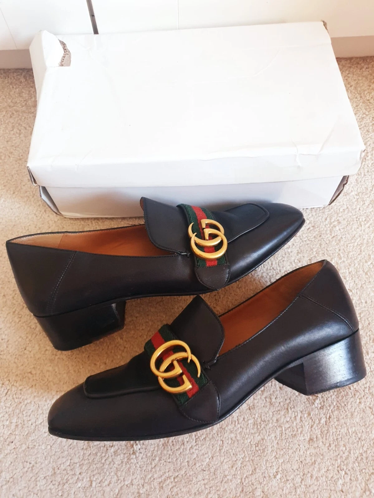 Chaussures de cour Gucci PEYTON détail Web bloc noir talon moyen UK 4,5 EU 37,5 US 7,5