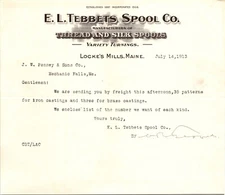 Tebbets Spools Locke's Mills ME 1913 Letterhead Thread and Silk Spools