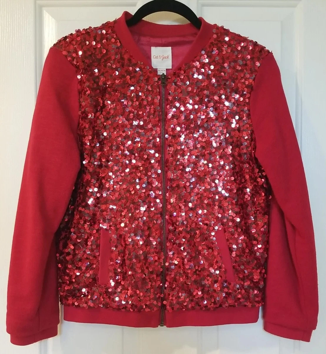 Cat Jack Girls Red Sequin Zip Up Jacket Coat Size XL 14 16 Holiday Christmas