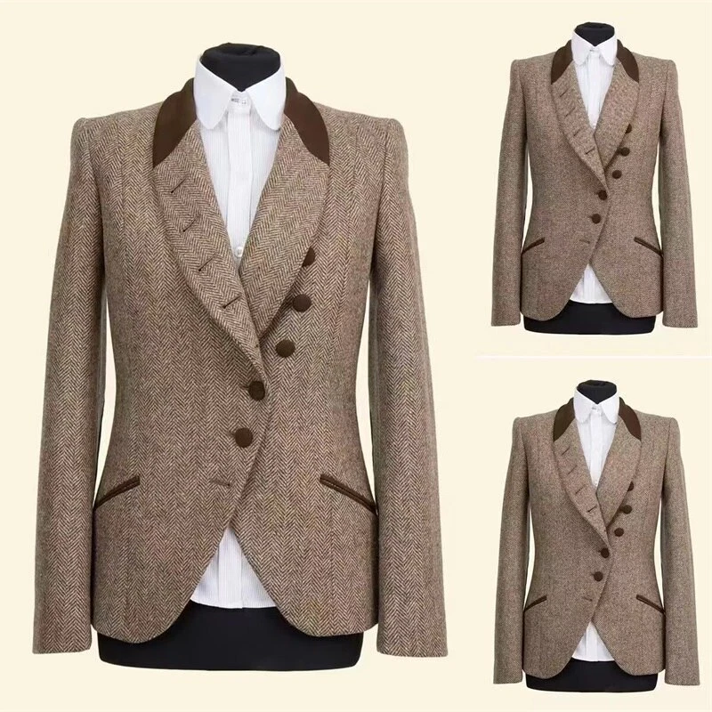 Herringbone Women Suit Blazer Formal Office Lady Jacket Single Breasted Outfits - Image 4 of 4