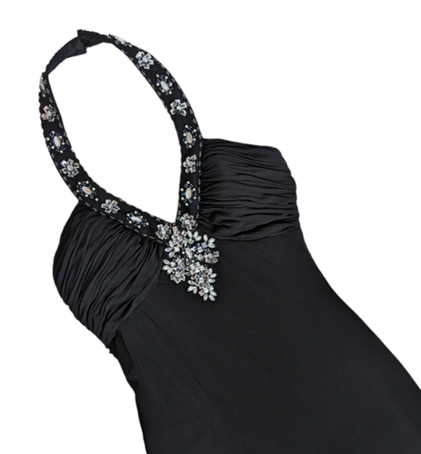 Morgan & Co. Black Halter Rhinestone Embellished Open Back Cocktail Dress Sz 1/2 - Picture 2 of 4