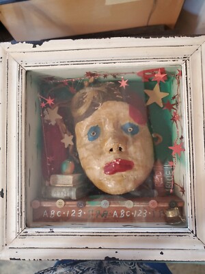 Shadow Box Framed Wall Art Mask Girl  Paper Mache School Books Buttons Art Craft