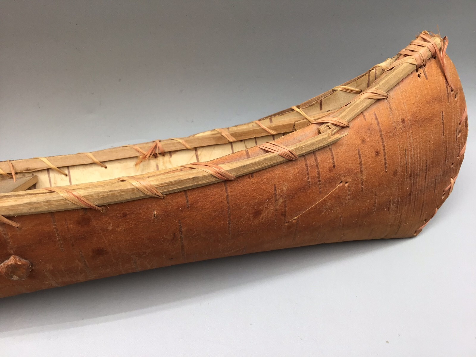 vtg birchbark canoe 12" quill decorated & signed 10" oar paddle Golden