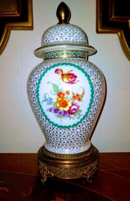 Ginger Jar Lidded  Gold Scale Ornate Metal Base Dresden Meissen Style Flowers