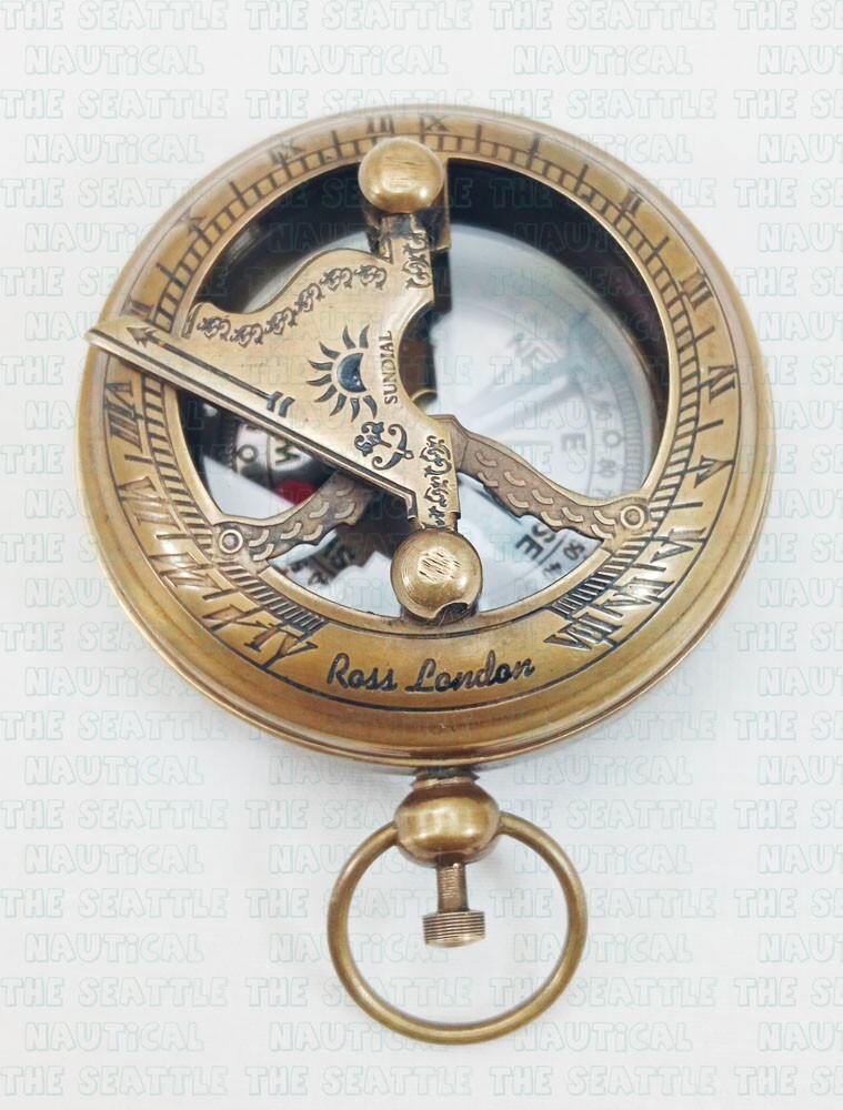 Antique Brass Sundial Compass Ross London Push Button Compass