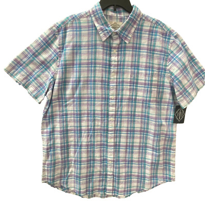 St John's Bay Shirt Men's XL Button Down Linen Blend Plaid Blue Purple Preppy