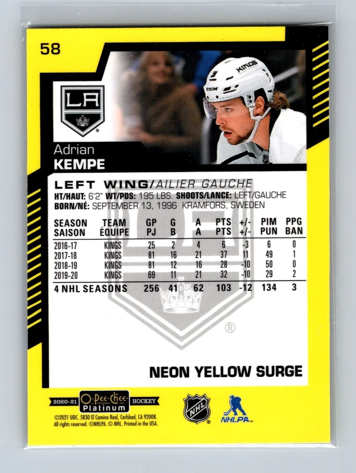 2020-21 O-Pee-Chee Platinum - Adrian Kempe #58 Neon Yellow Surge - Image 2 of 2