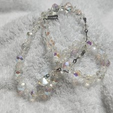 Vintage Aurora Borealis Crystal Bead Necklace Iridescent Faceted 15 Inch Hook