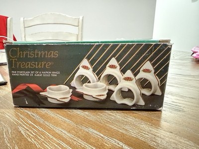 Vintage 1988 Christmas Porcelain Napkin Rings Hand Painted 24K Gold Trim-Japan-6