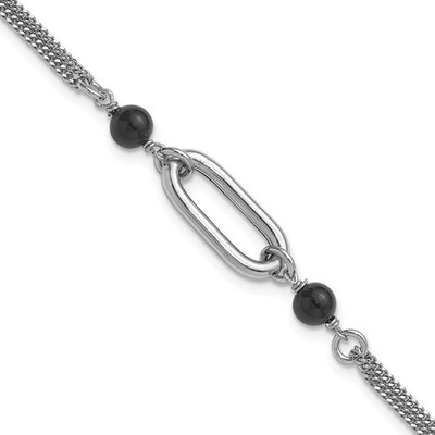 Sterling Silber schwarze Glasperlen 2-Strang Gliederarmband 7'' mit 1 Zoll ext. 3,27gm