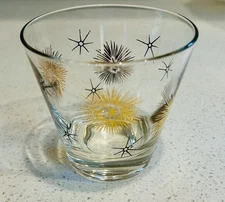 Vintage MCM Libbey Atomic Starburst Gold Whiskey Lowball Glass Great Condition