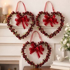 Set of 3 Red Berry Heart Wreaths Ribbon Bow L...