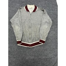 Vintage Sweatshirt Jacket Mens Size Large Gray Made in USA Full Zip Striped Trim
