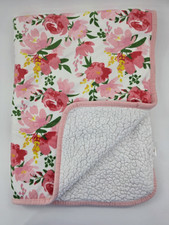 S.L. Home Fashions Baby Blanket Pink Floral Roses Sherpa Fleece Plush White B26
