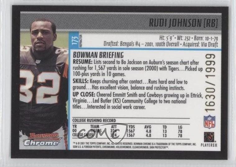 2001 Bowman Chrome Rookie Refractor /1999 Rudi Johnson #173 Rookie RC - Image 2 of 2